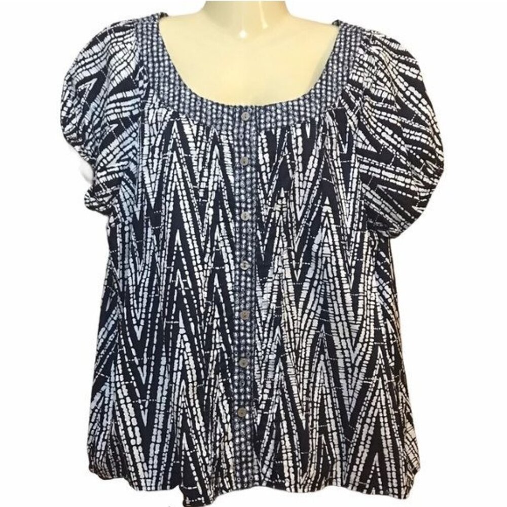 George Women's Blouse Blue White Smock Fit Cap Sleeve Button Up XL